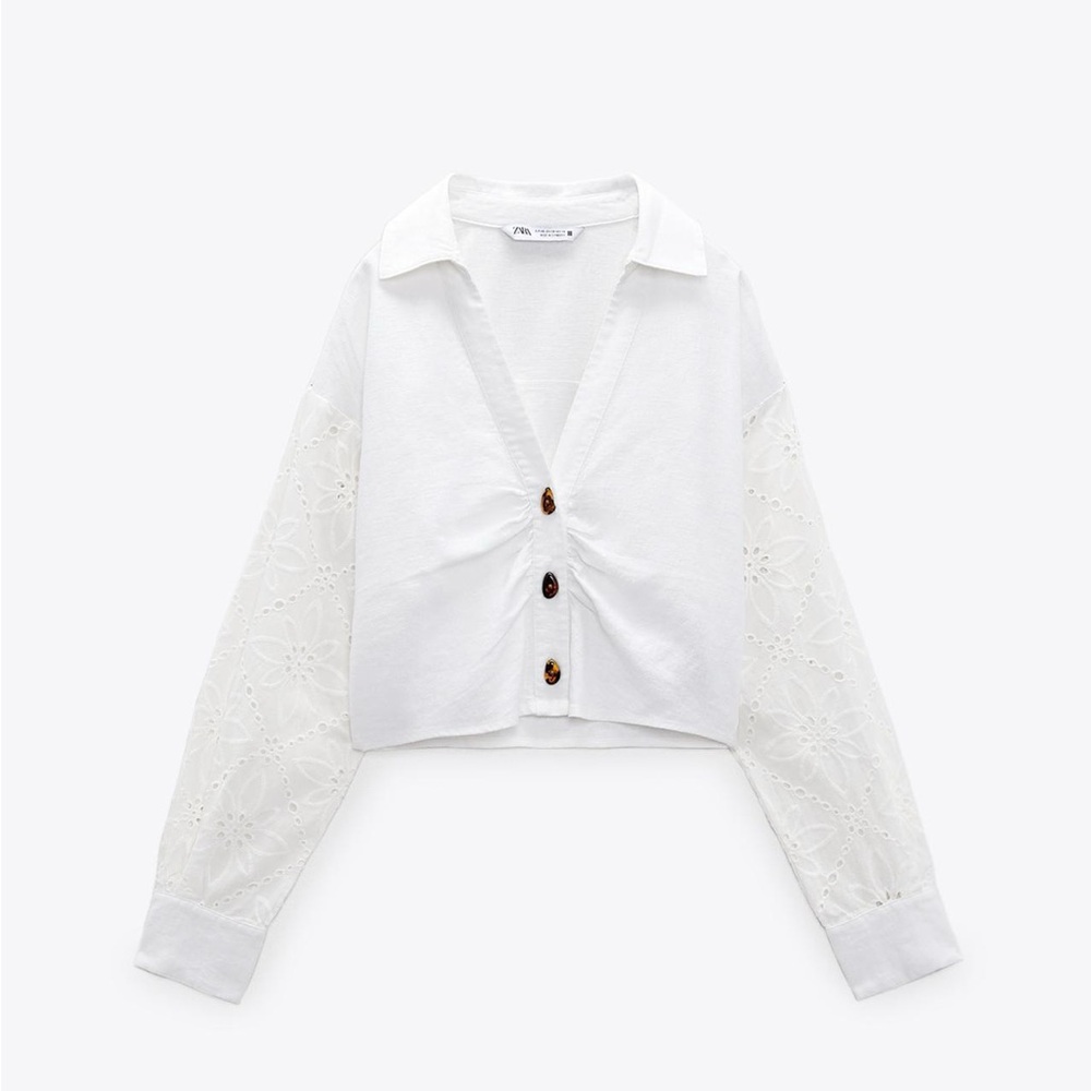 Linen blend embroidered eyelet shirt